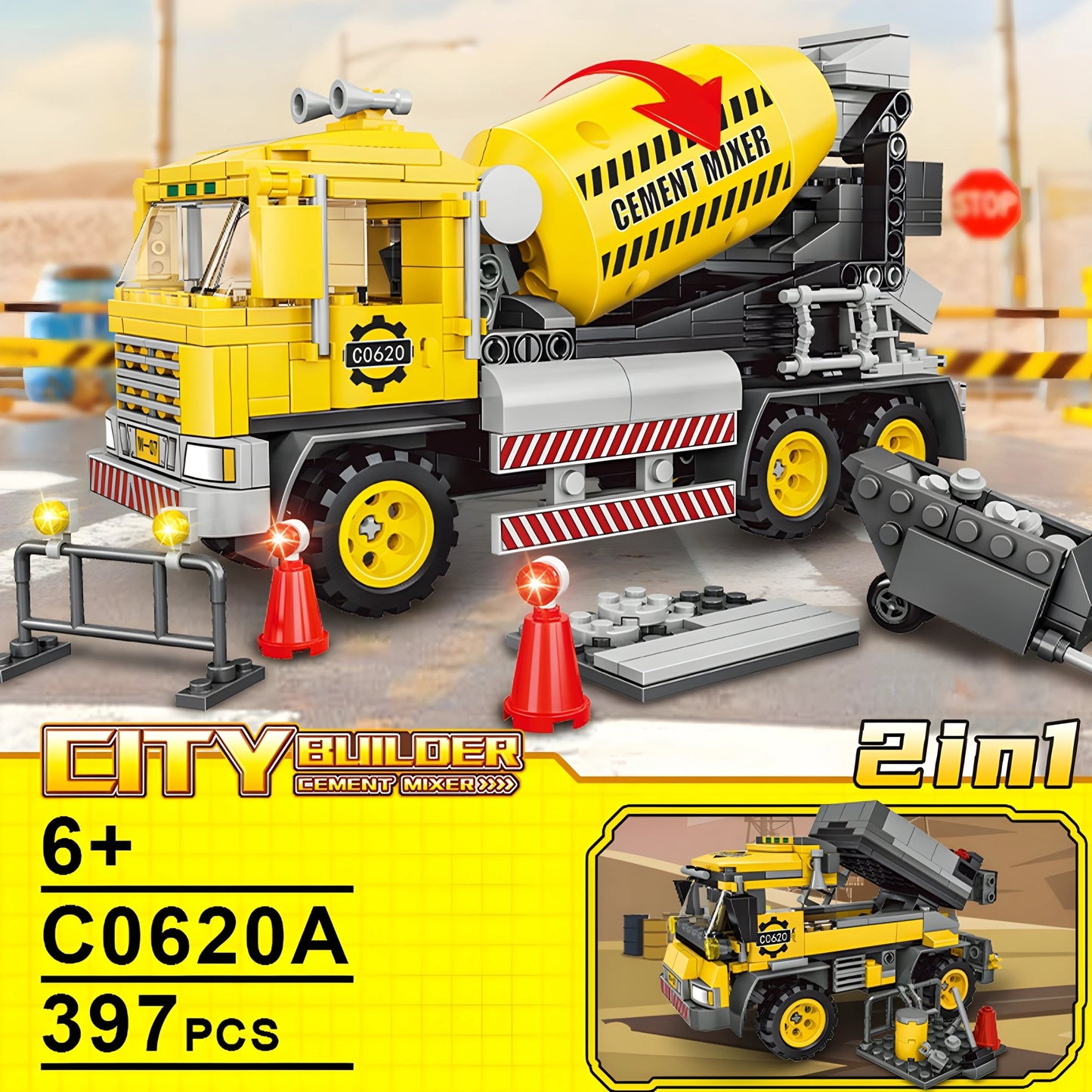2 - in - 1 Cement Mixer Truck – 397 PCS STEM Toy for Kids - STEM Building Toy by LULEGO