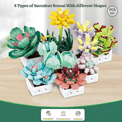 Mini Succulent Set – 977 PCS 8 DIY Brick Plants for Decor - STEM Building Toy by LULEGO
